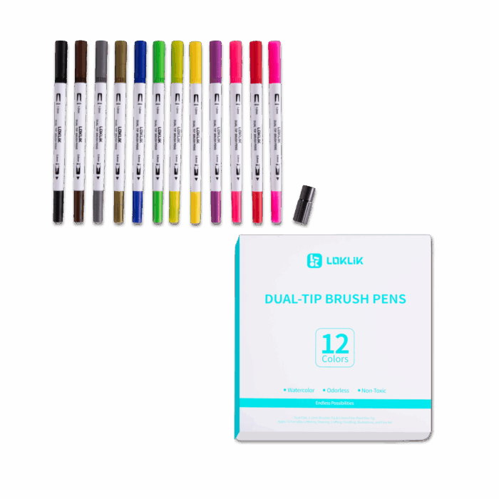 LOKLiK Dual Tip Brush Pens - 12 Colors - Afbeelding 2